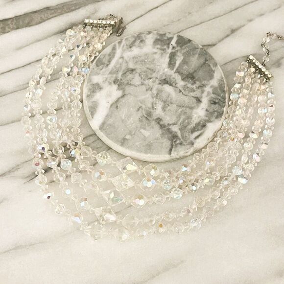 Vintage AB Crystal Necklace Clear Iridescent 5 Strand Layered Hook Closure - Picture 5 of 7